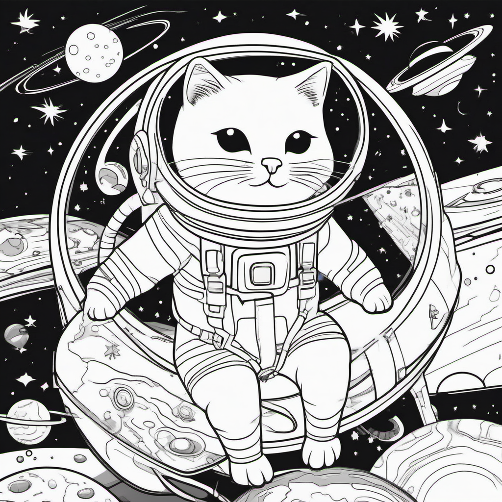 Coloring Page preview of Cosmic Cat Exploration - Coloring Page