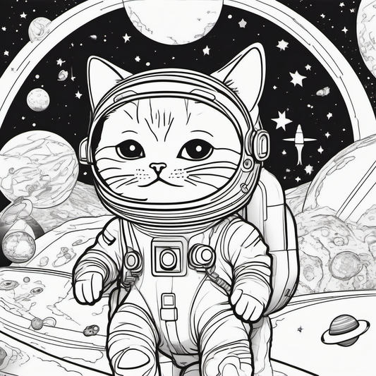 Coloring Page preview of Cosmic Cat Exploration - Coloring Page